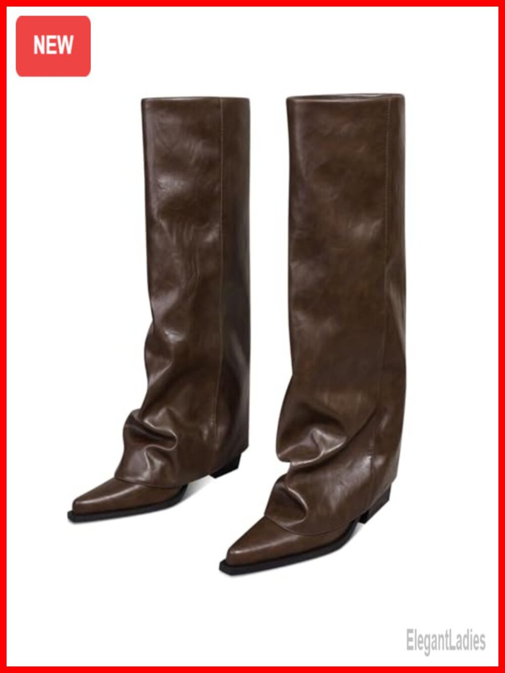 Faux Leather Fold Over Knee High Boots Wide Calf Chunky Heel Pointed Toe